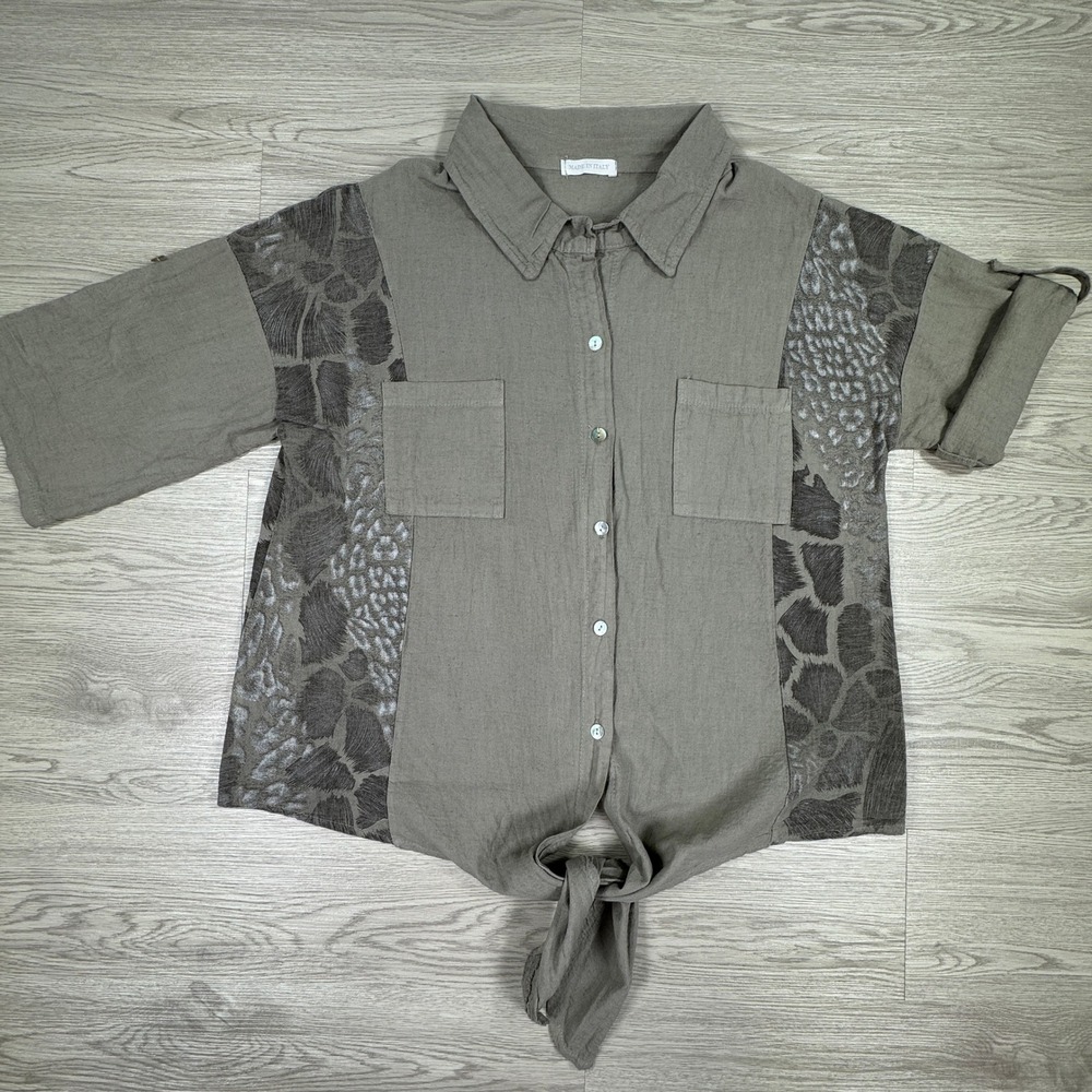 Made in Italy‎ Women Shirt Gray One Size Linen Cotton Animal Print Tie Front Top